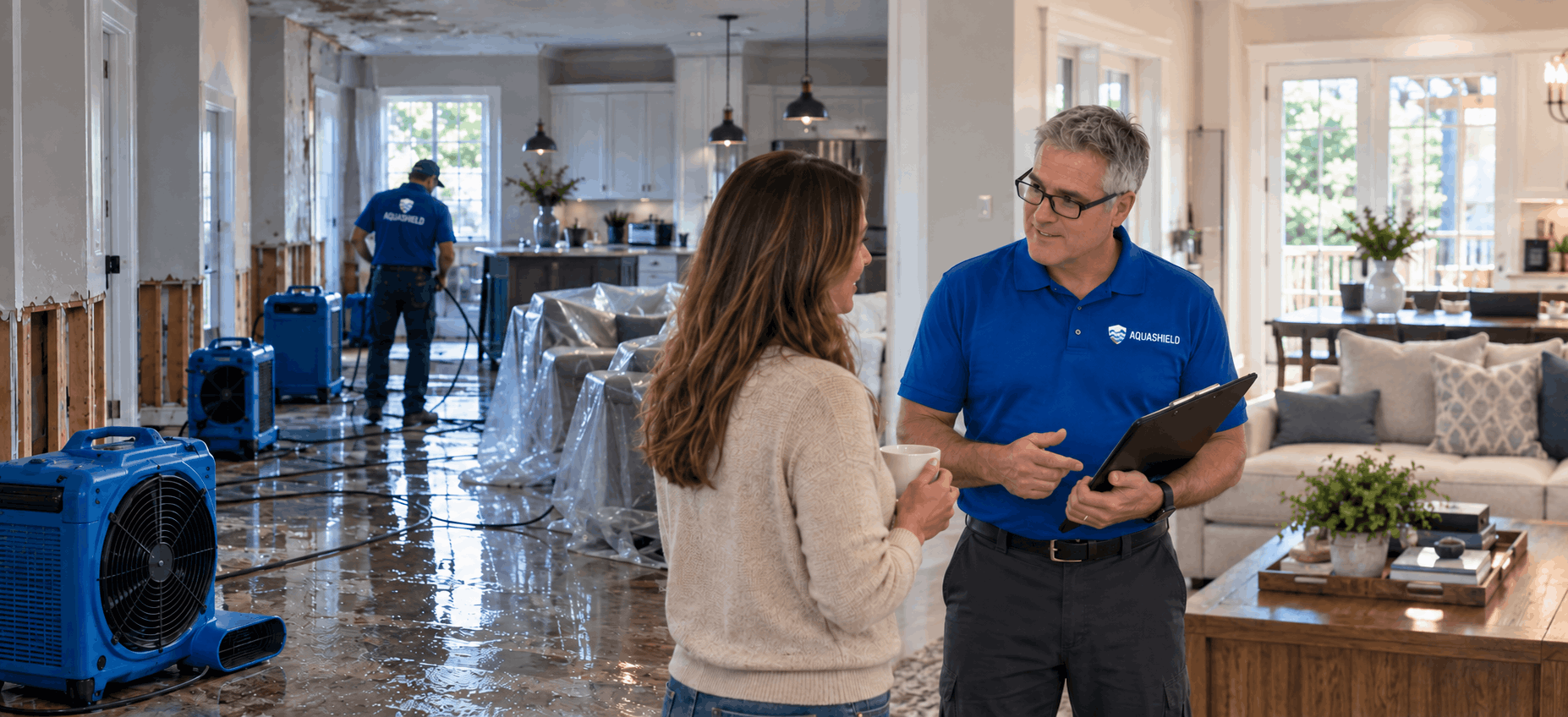 An AquaShield Restoration technician reviewing the drying plan with a homeowner while air movers run in a flooded living room